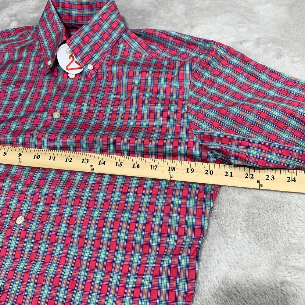 ETON Button Down Dress Shirt 15.5 / 39 Men Slim Salmon Coral Plaid Easter Spring